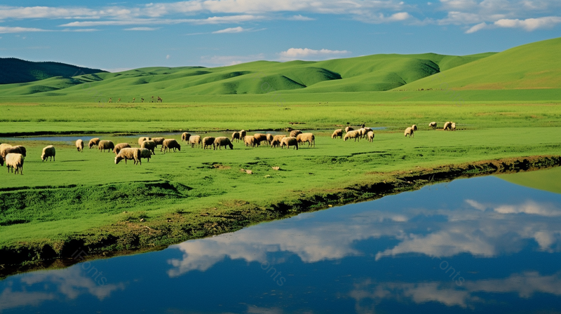 呼伦贝尔草原河边放牧的牛羊大自然大草原蓝天白云自然美景摄影景观摄影户外摄影宣传,高清,摄影图,摄影图片,图片大全,摄影图免费下载